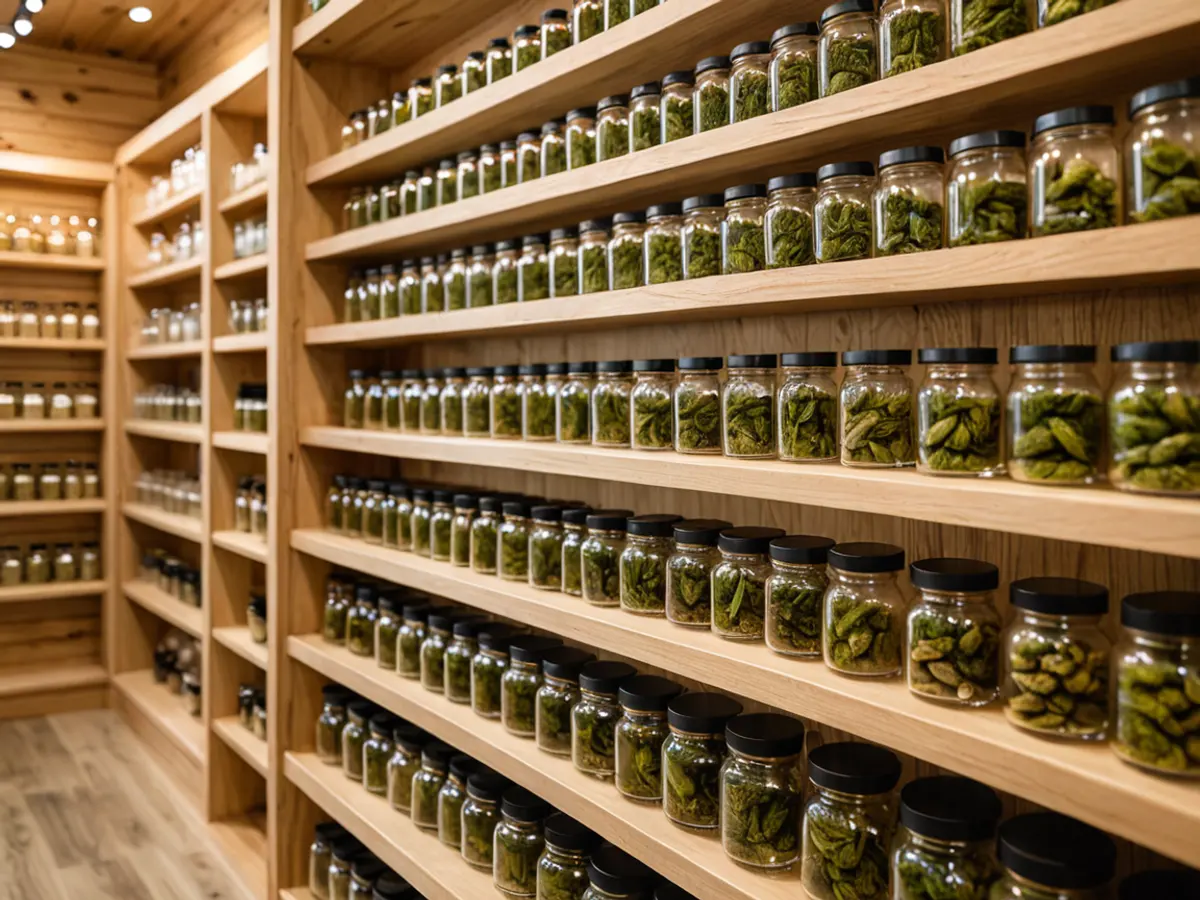 Shelves of glass jars with black lids along a wooden wall