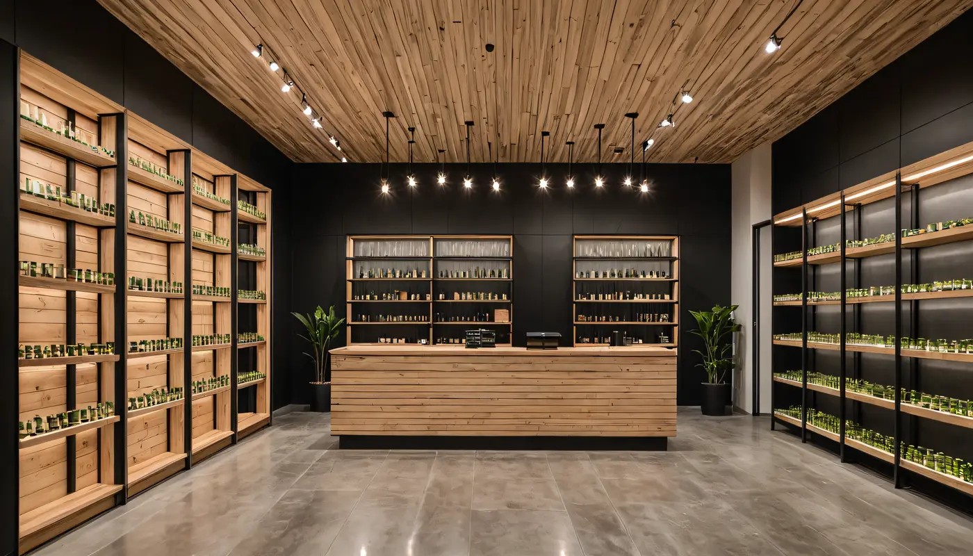 A store interior with cedar slat walls and a long glass counter