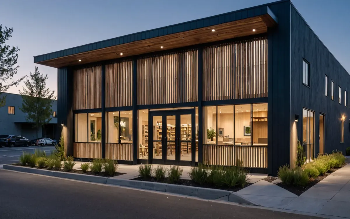 A cedar-slat storefront with lit windows at dusk